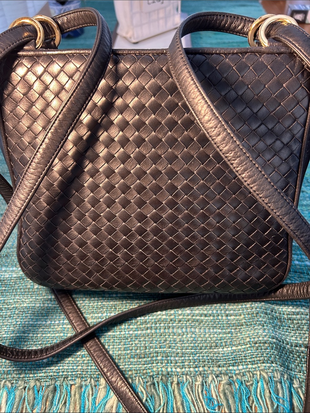 Talbots Black Woven Leather Crossbody with Gold Hardware